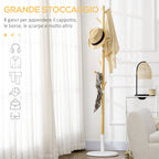 8 Hook Coat Tree with Round Base in Bamboo, Wood and Metal, Ø37.8x175.6 cm, Wood and White