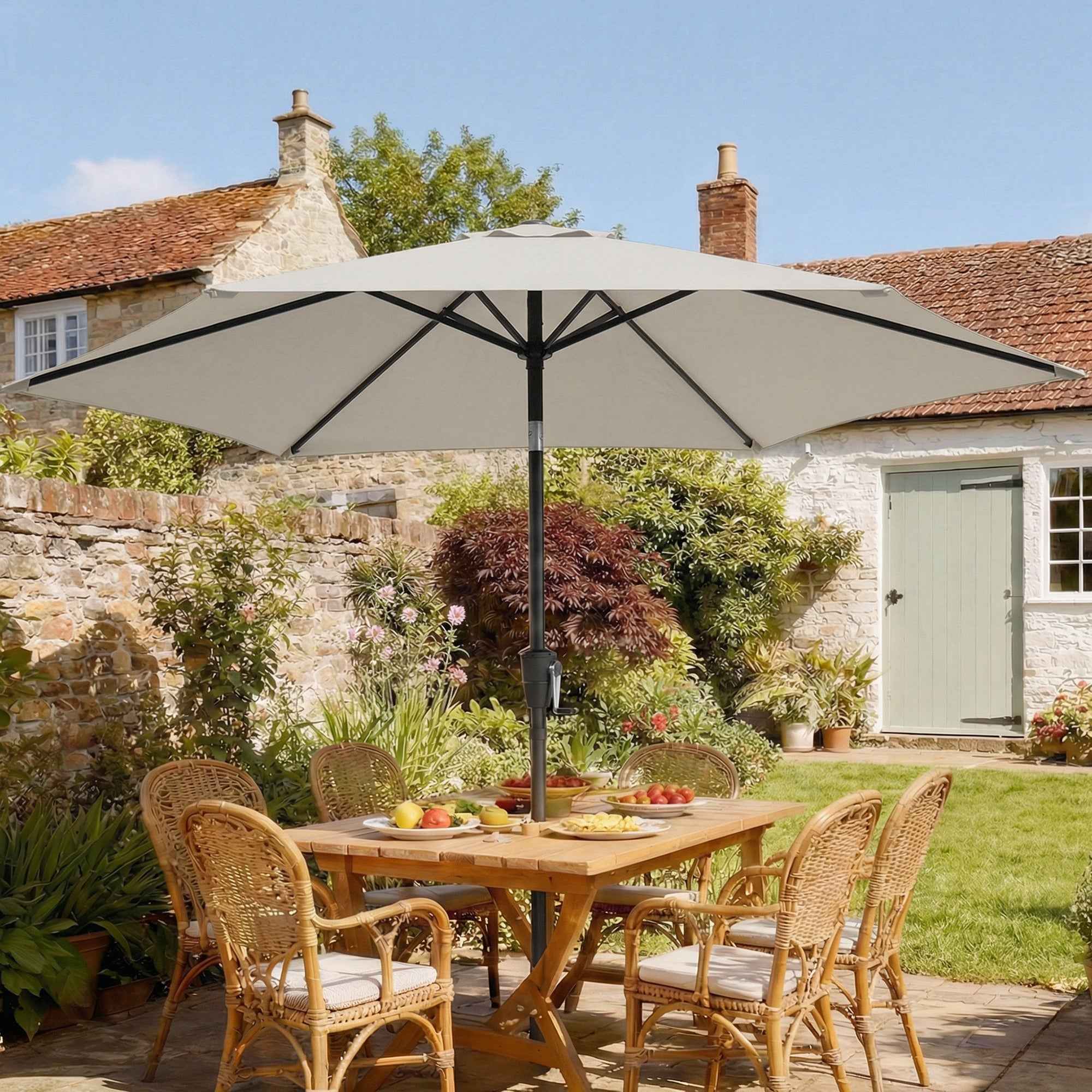 Outsunny 2x2m Tilting Garden Umbrella with 6 Ribs and Crank Handle, in Metal and Polyester, Light Grey