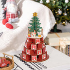 Christmas Cone Advent Calendar with Themed Patterns and 10 LED Lights, 22x22x35 cm, Plywood, Red, Green and Yellow