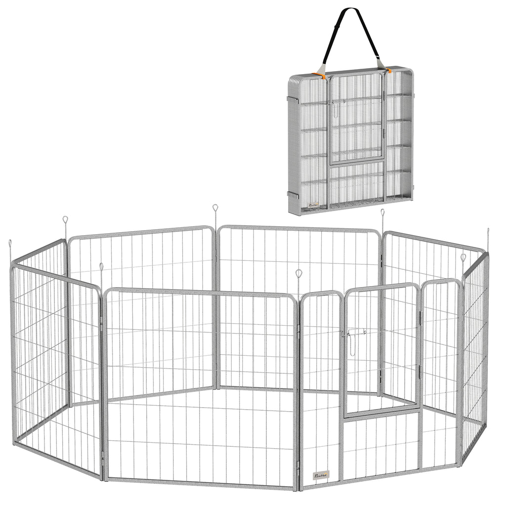 8 Panel Modular Folding Dog Playpen with Steel Door, Height 80 cm, Silver