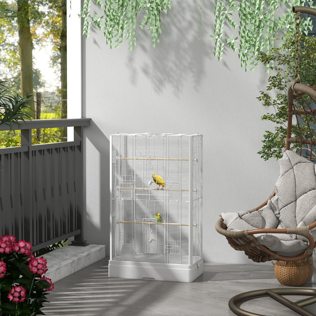 PawHut Bird Cage with Removable Tray and Perches, Parrot Aviary, 61x36.5x98 cm, White