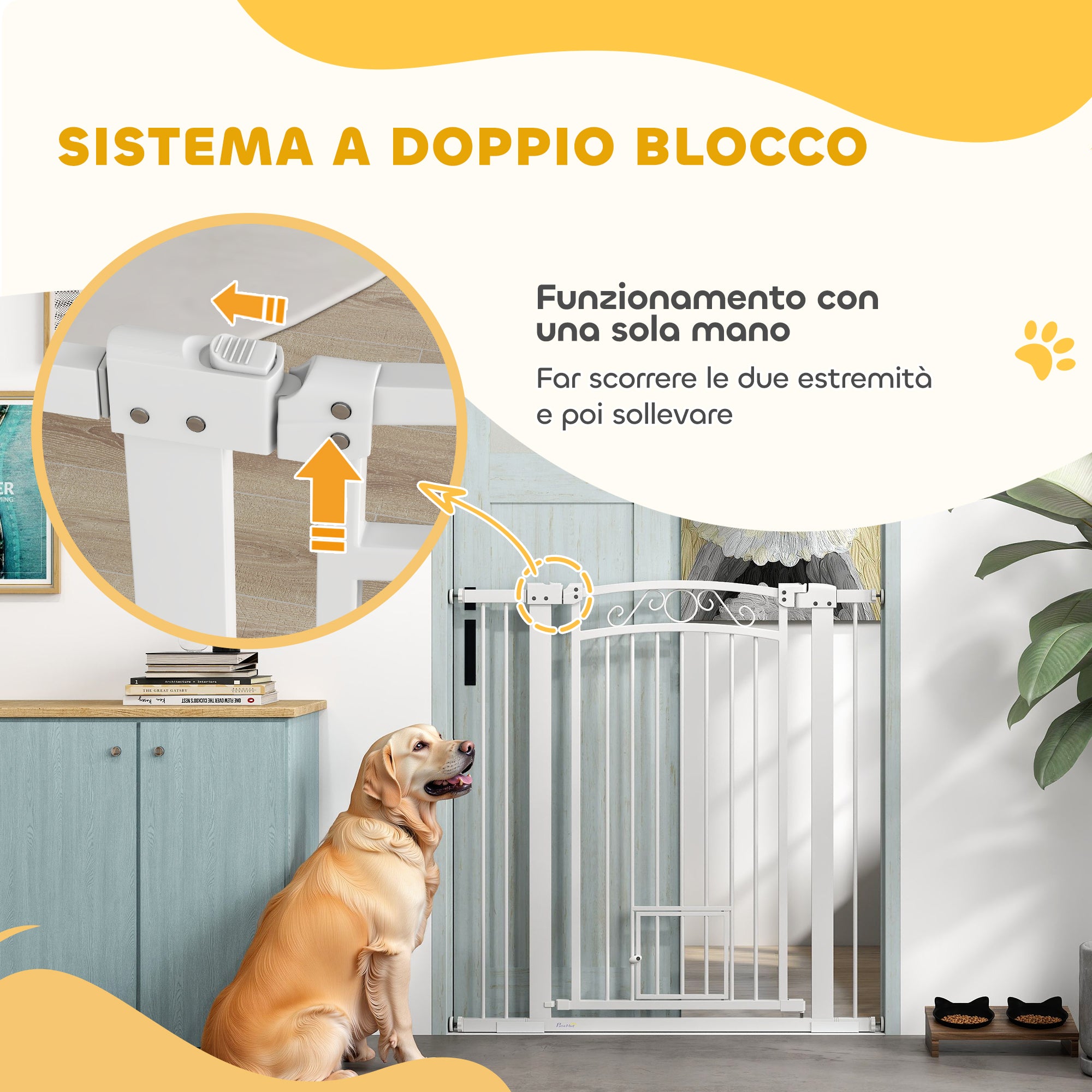 Adjustable Dog Gate with Extensions and Cat Door, 76-104x106cm, White