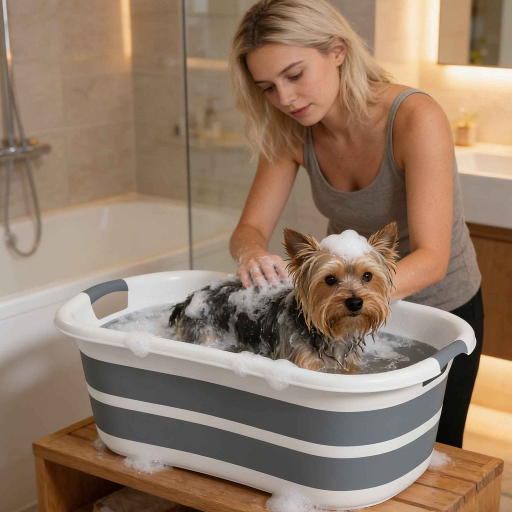 PawHut Dog Bathtub, Portable Folding Tub with Drain Hole, for Small Dogs and Puppies, Gray