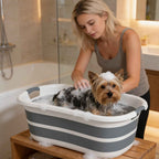 PawHut Dog Bathtub, Portable Folding Tub with Drain Hole, for Small Dogs and Puppies, Gray