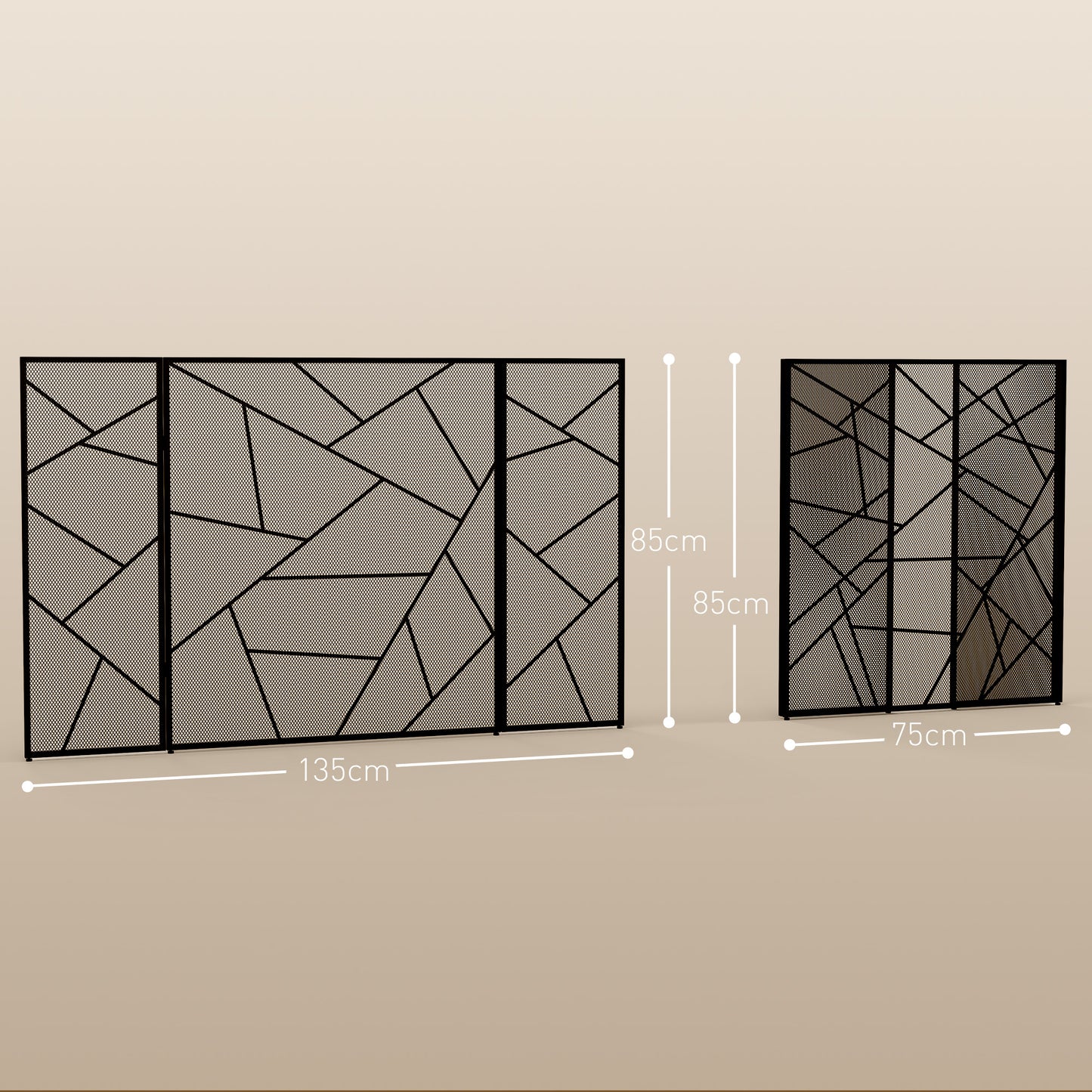 3-Panel Foldable Fireplace Spark Guard with Geometric Design, 135x1.2x85cm, Black