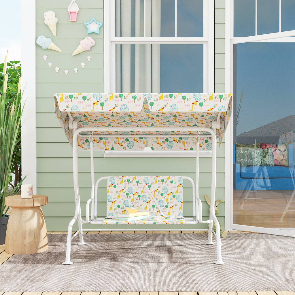 2-Seater Outdoor Children's Swing with Adjustable Canopy and Safety Belts, 112x75x120 cm, White2-Seater Outdoor Children's Swing with Adjustable Canopy and Safety Belts, 112x75x120 cm, White