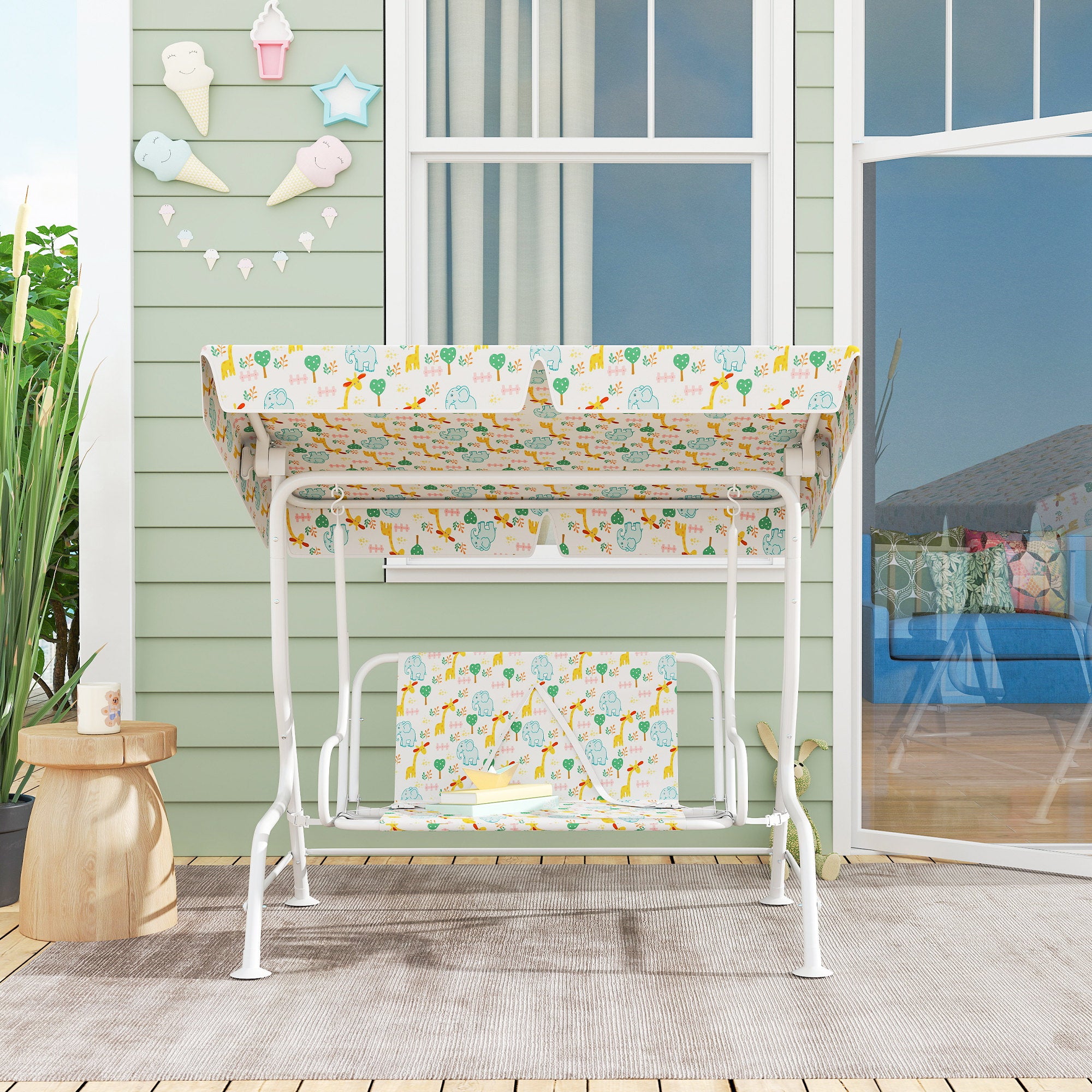 2-Seater Outdoor Children's Swing with Adjustable Canopy and Safety Belts, 112x75x120 cm, White2-Seater Outdoor Children's Swing with Adjustable Canopy and Safety Belts, 112x75x120 cm, White