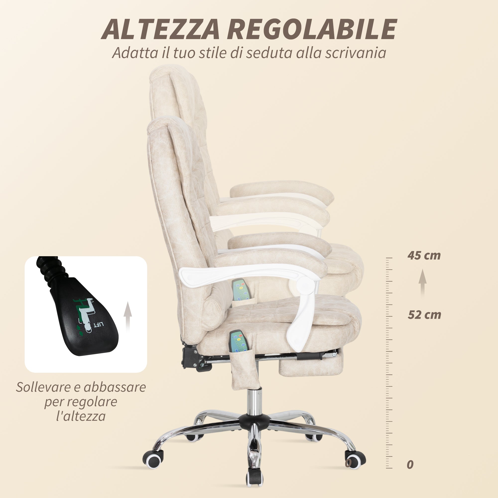 Vinsetto Breathable Leather-Effect Fabric Massage Office Chair with Remote Control and Adjustable Height, Cream