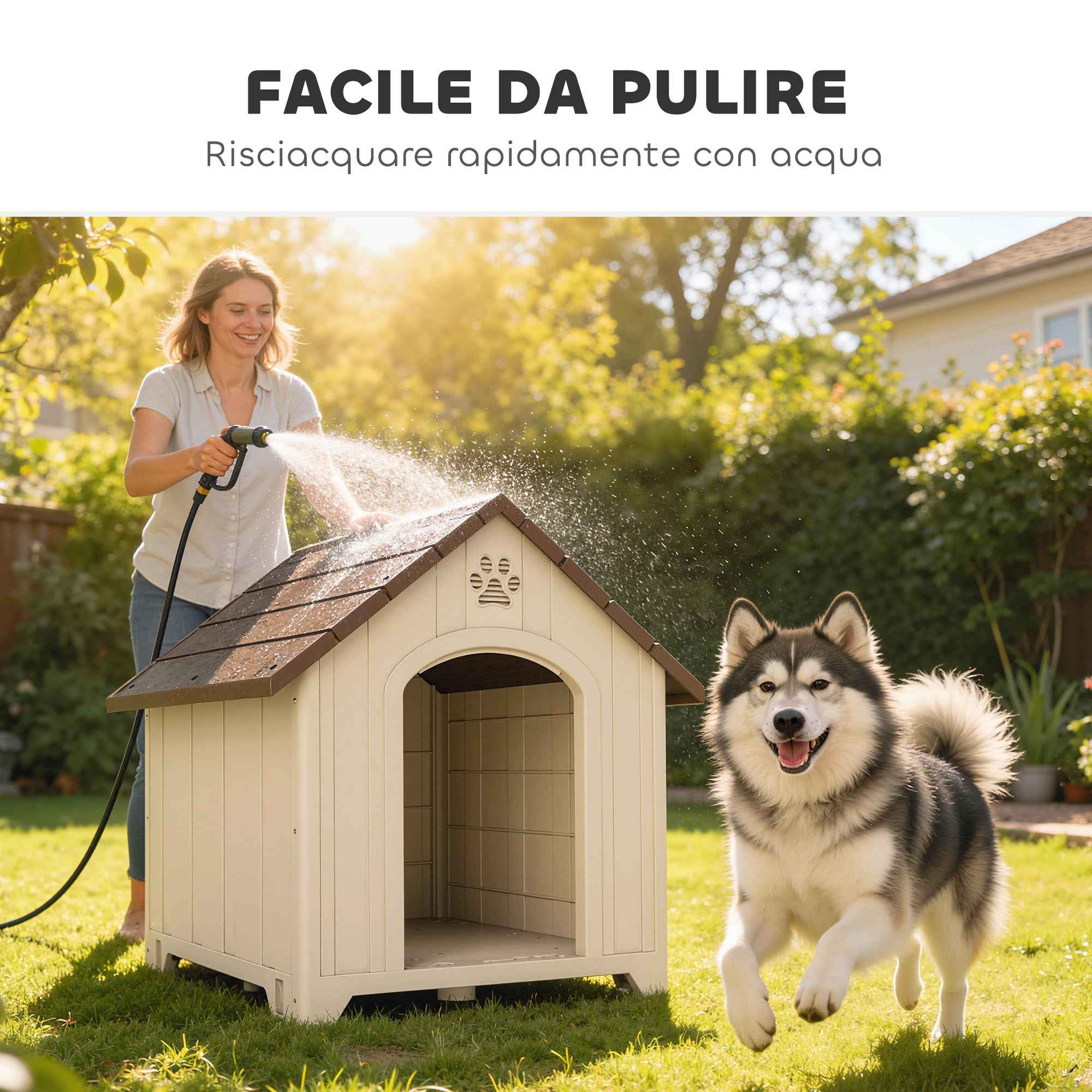 PawHut Raised Dog Kennel with Sloped Roof and Air Vents, PP, 102x94x103 cm, Beige and Dark Brown