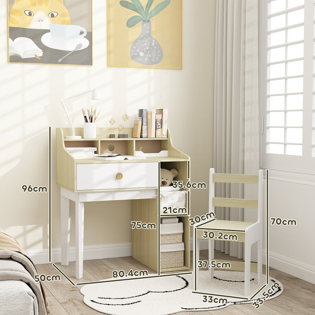 Kids Desk and Chair Set Wooden with Shelf and Drawer, Ages 3-10 Years, White and Wood