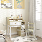 Kids Desk and Chair Set Wooden with Shelf and Drawer, Ages 3-10 Years, White and Wood