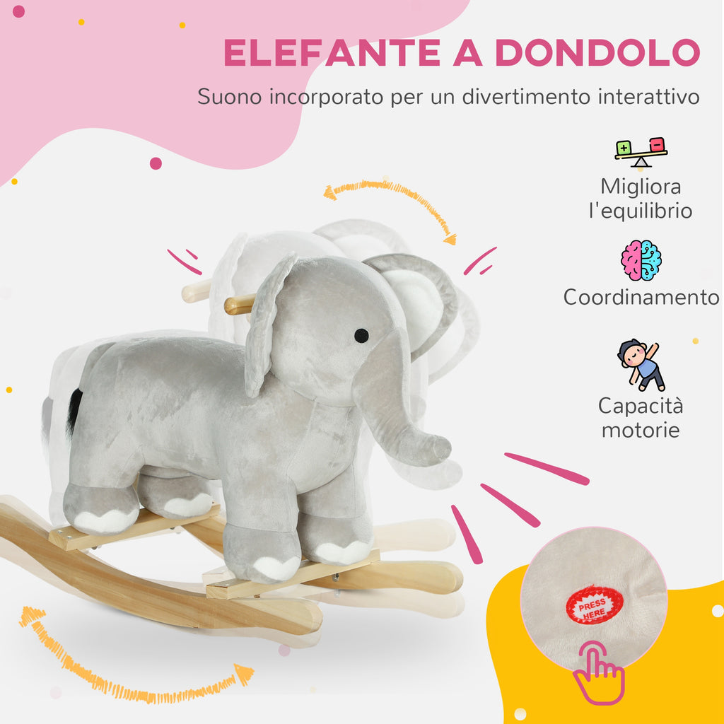 Elephant Rocking Horse for Children Ages 2-4 with Sounds and Soft Cover, Grey