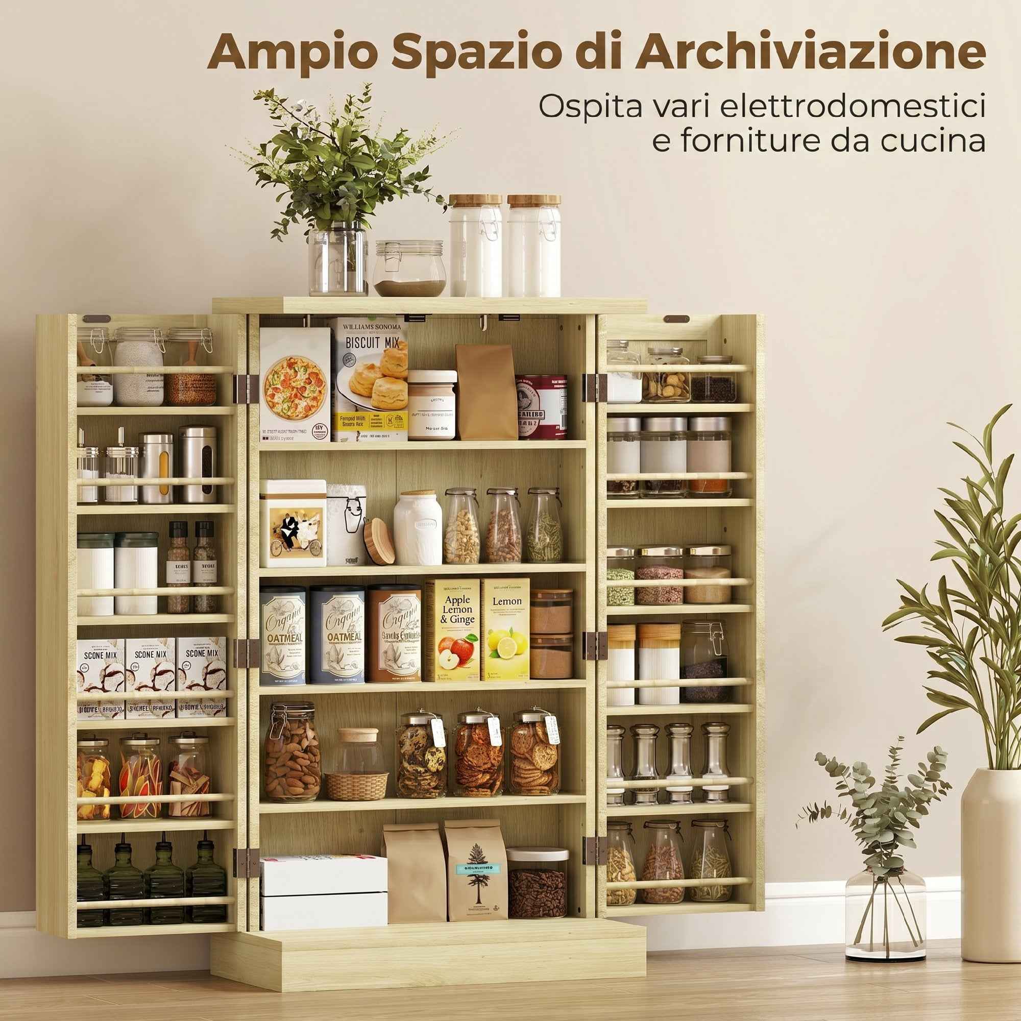 HOMCOM 104cm Pantry, 12 Spice Racks, Adjustable Shelves, Natural Wood.