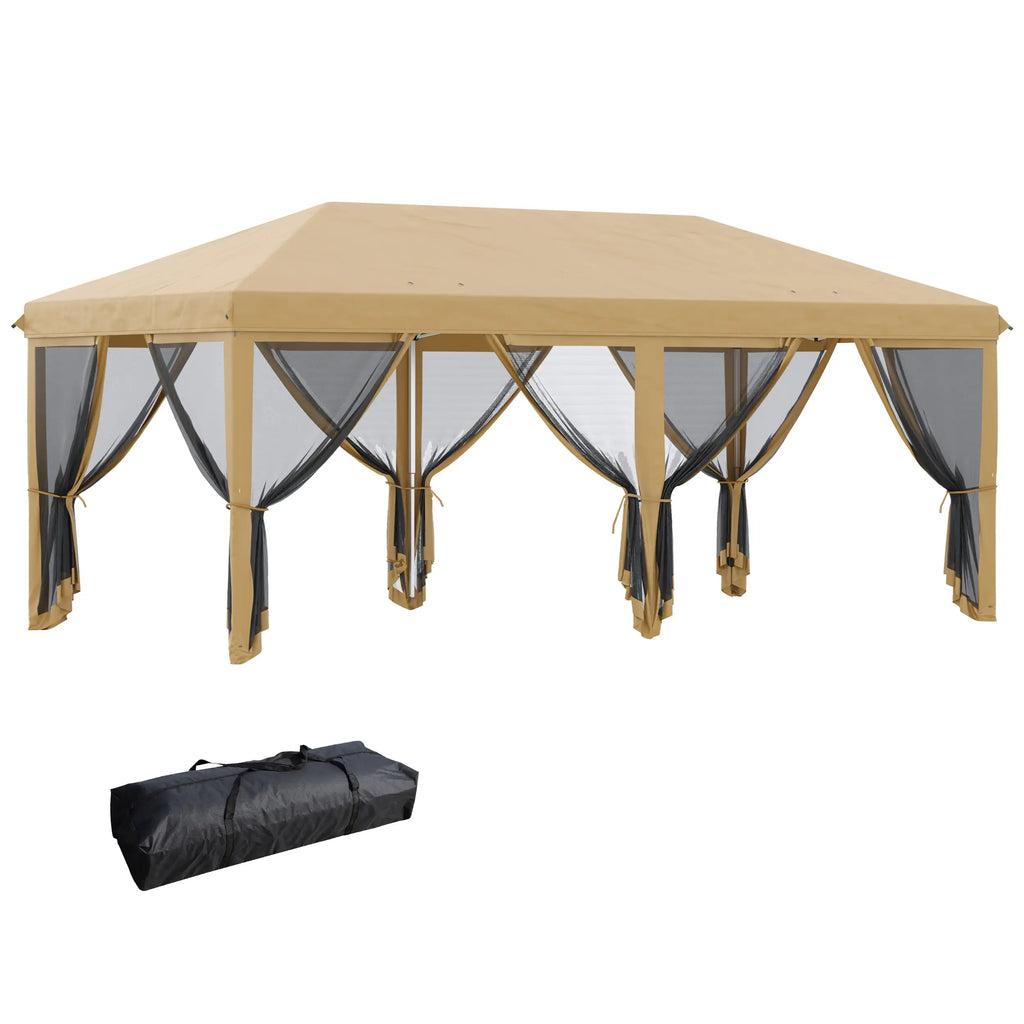 6x3m Folding Garden Gazebo with Mosquito Net, Adjustable Height and Carry Bag, Beige