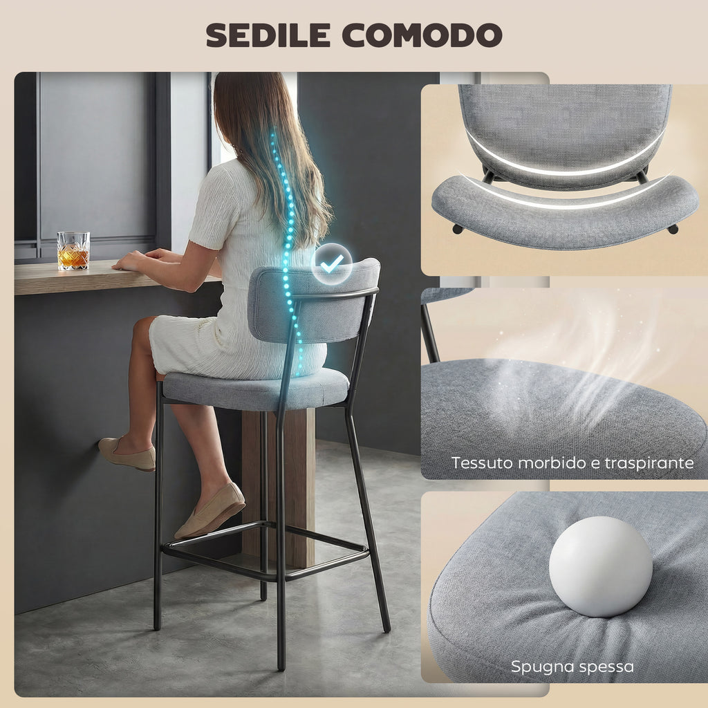 Set of 2 Bar Stools with Backrest and Footrest in Metal and Fabric, Light Grey