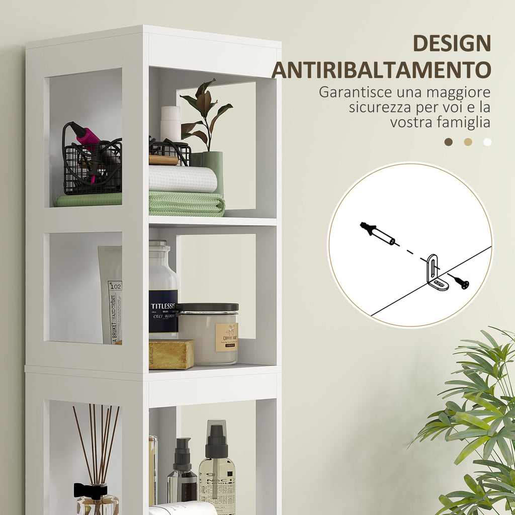 Bathroom Cabinet with 3 Open Shelves and 2 Wooden Drawers, 30x30x141.2 cm, White