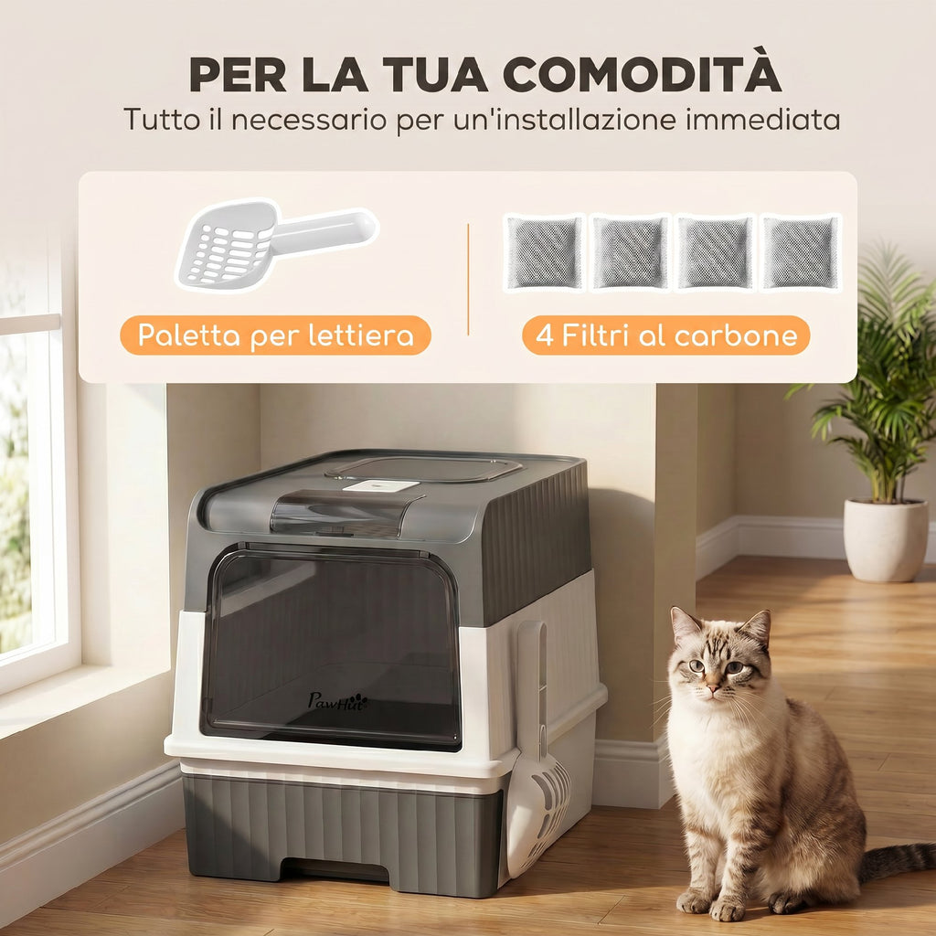 PawHut Cat Litter Box M with Lid, Removable Tray, Scoop, 4 Deodorant Packets, Grey