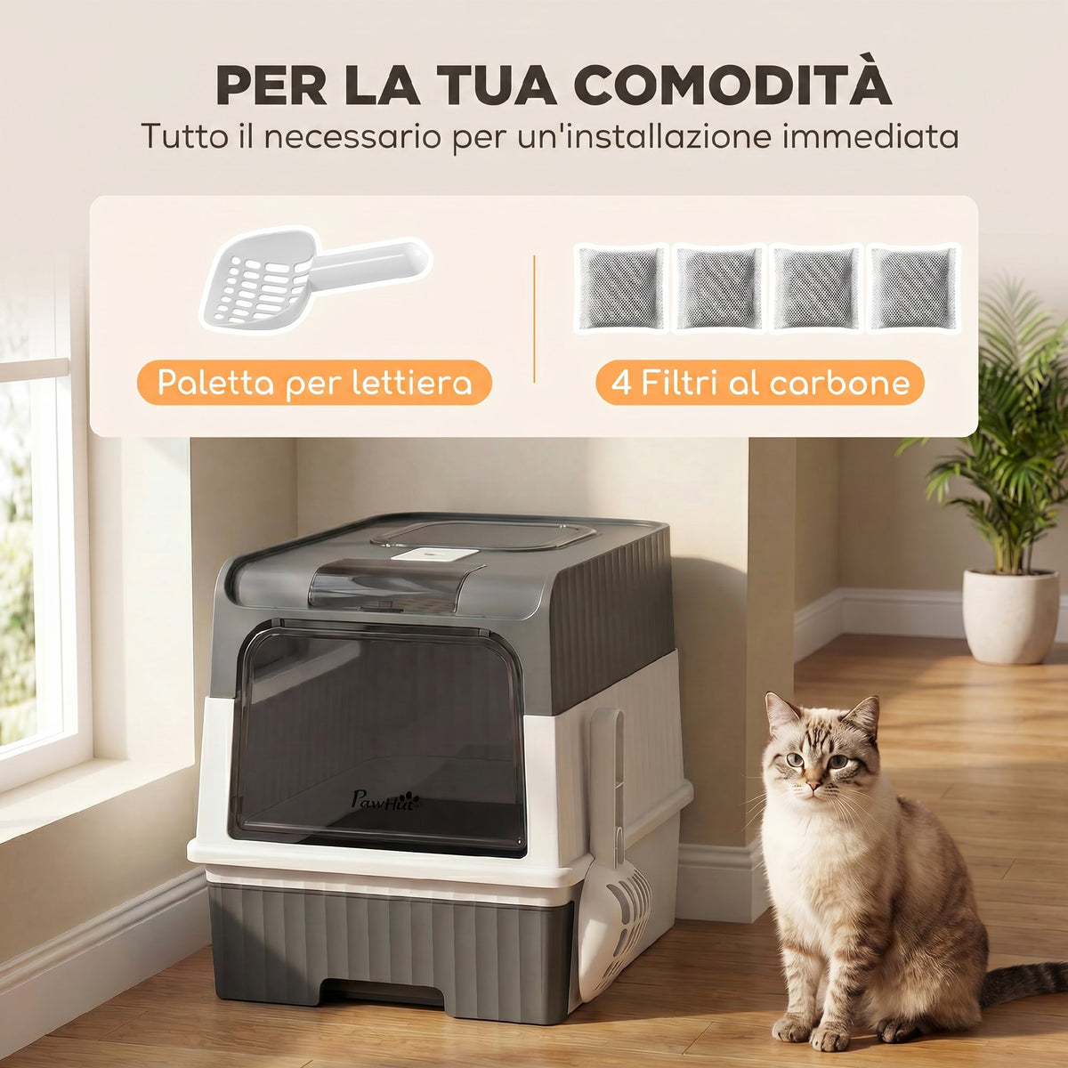 PawHut Cat Litter Box M with Lid, Removable Tray, Scoop, 4 Deodorant Packets, Grey