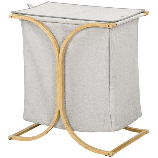 Basket Laundry Hamper with Bamboo and Polyester Lid, 55x40x62 cm, Grey and Wood Colour