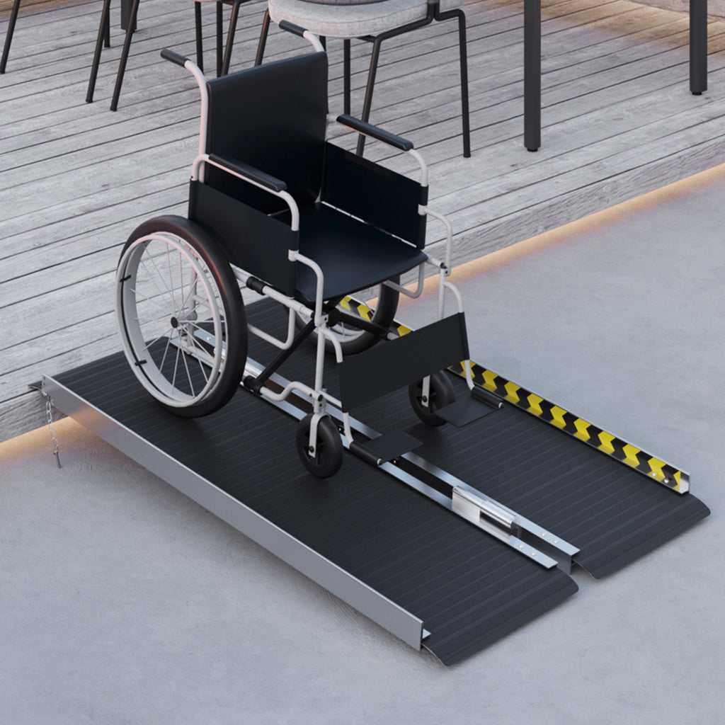 Folding Aluminum Wheelchair Ramp with Deflectors and Stickers, 122 x 73.6 x 5.1 cm, Black