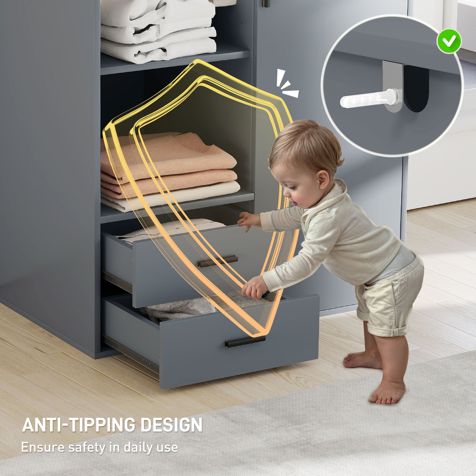 Modern Wardrobe with 2 Drawers, Open Shelves and Hanging Space, 80x50x124 cm, Dark Grey