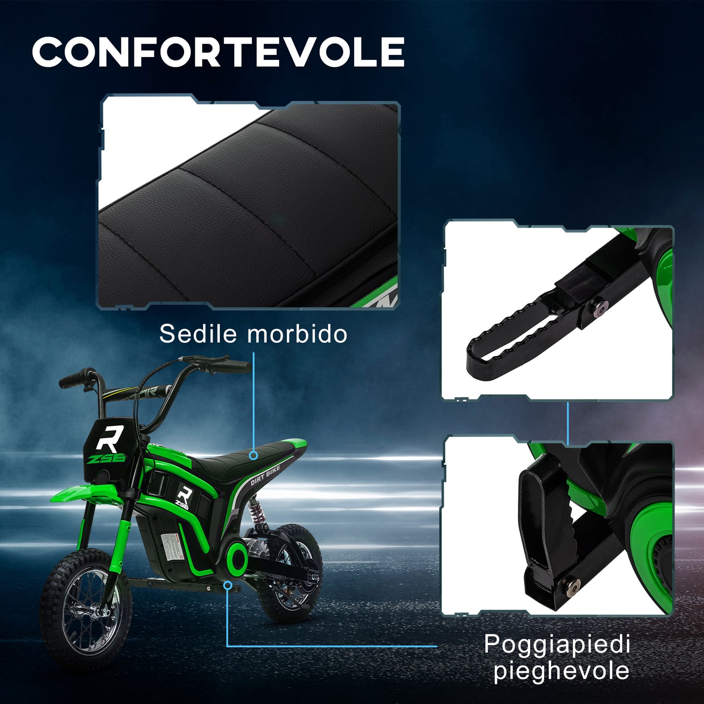 Electric Motorcycle for Children with Manual Throttle, 2 Speeds 8-16km/h, Age 8-12 Years, Green