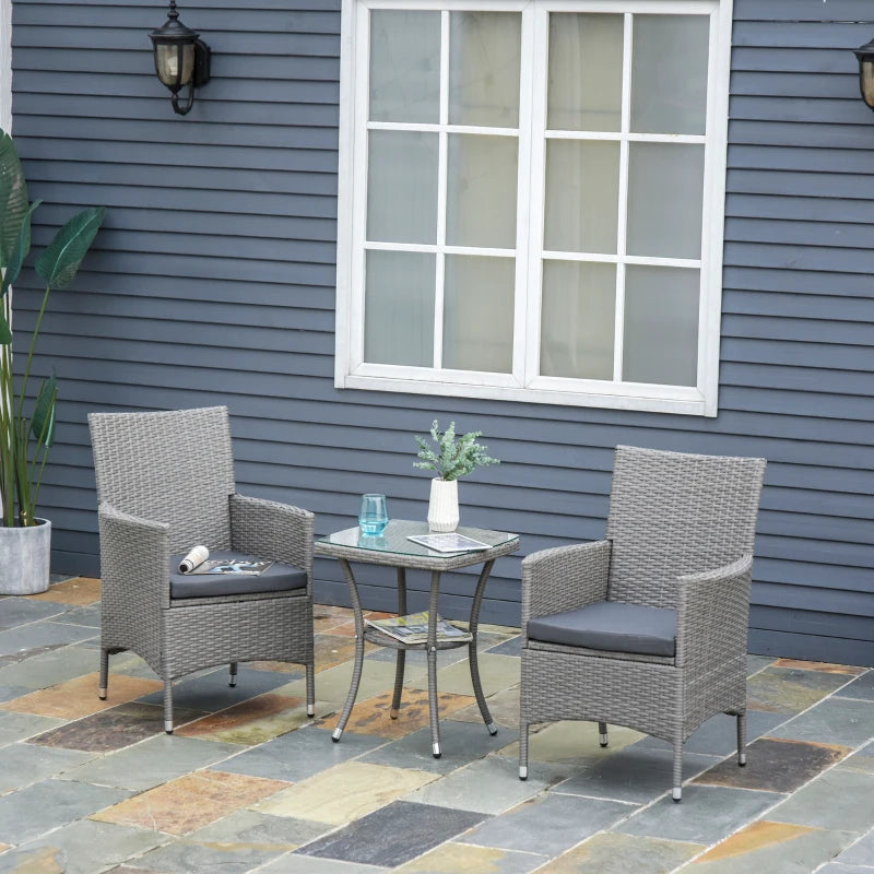 3-Piece Outdoor Garden Set in PE Rattan and Steel, Set of 2 Chairs with Washable Cushions, Armrests, Coffee Table with Glass Top, Garden Lounge for Balcony Patio Backyard, Grey - Borge' Group Limited
