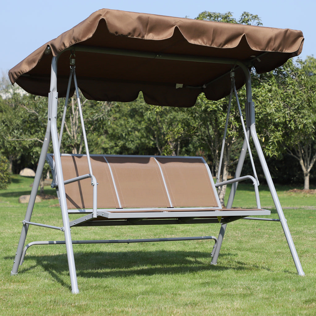 3-Seater Metal Garden Swing, Removable and Washable Sun Canopy, Brown and Silver, 171x108x154cm