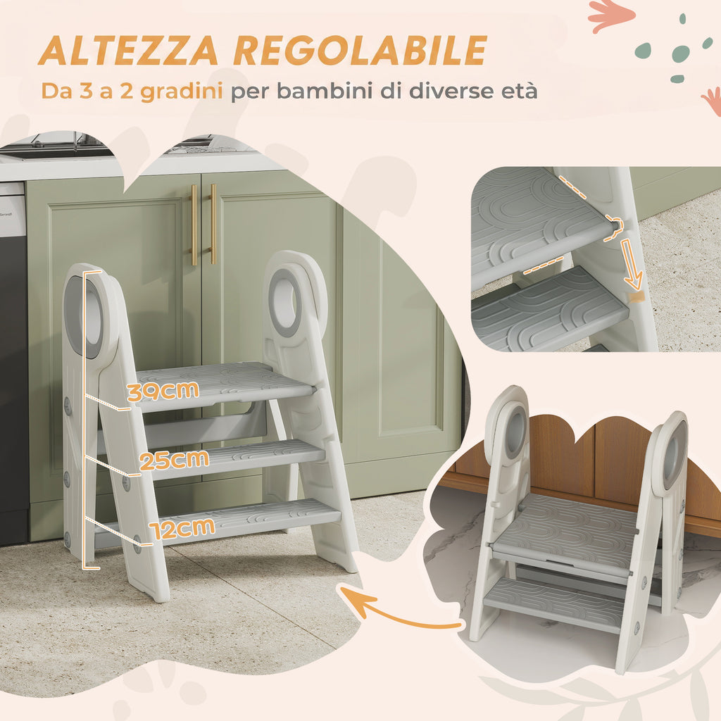 AIYAPLAY Montessori Tower for Children, Foldable, 3-Step Adjustable, with Handle and Non-Slip Surface, Grey