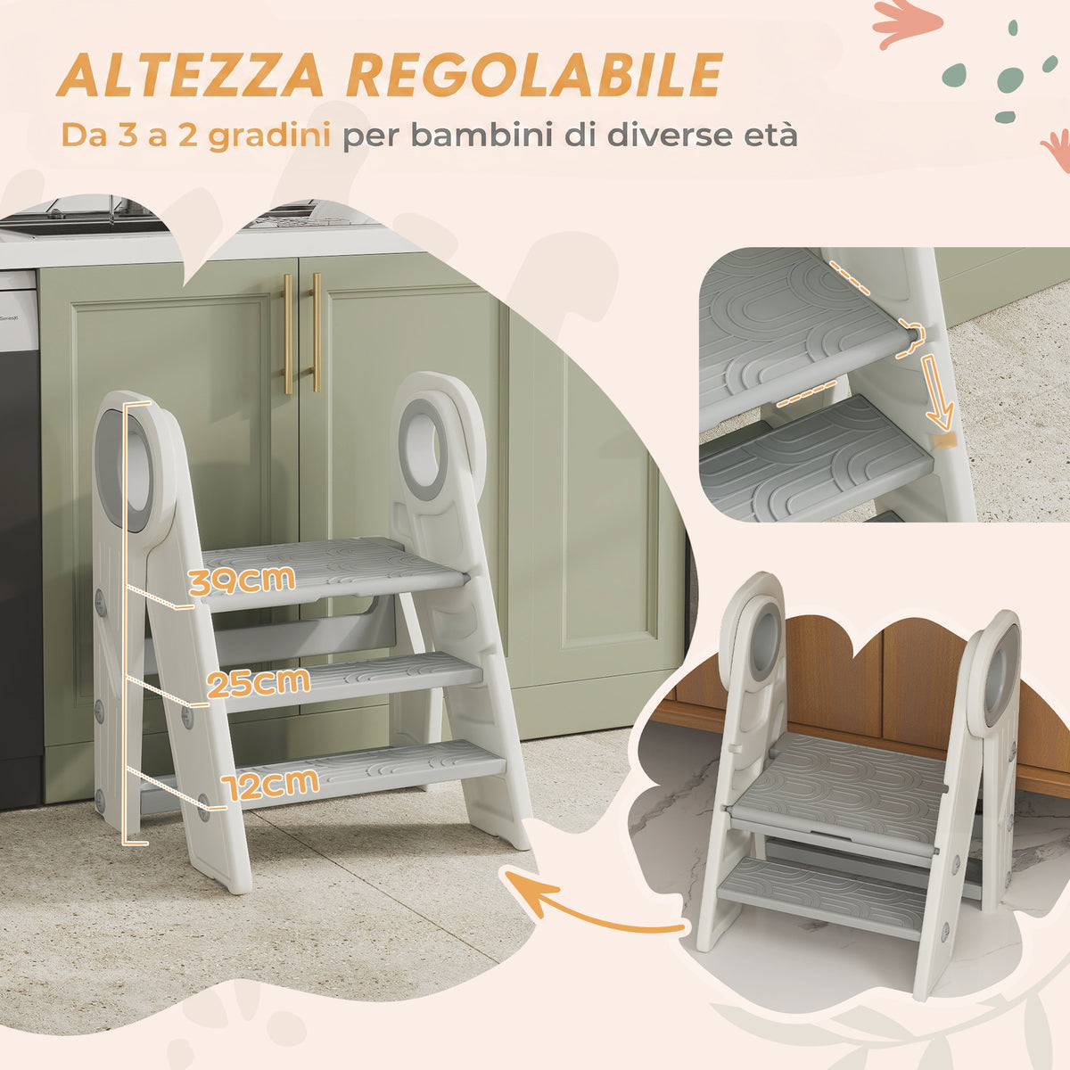 AIYAPLAY Montessori Tower for Children, Foldable, 3-Step Adjustable, with Handle and Non-Slip Surface, Grey