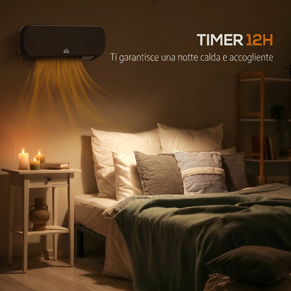 HOMCOM Low-Consumption Wall-Mounted Electric Heater with Remote Control, Adjustable Temperature and 12-Hour Timer, Black