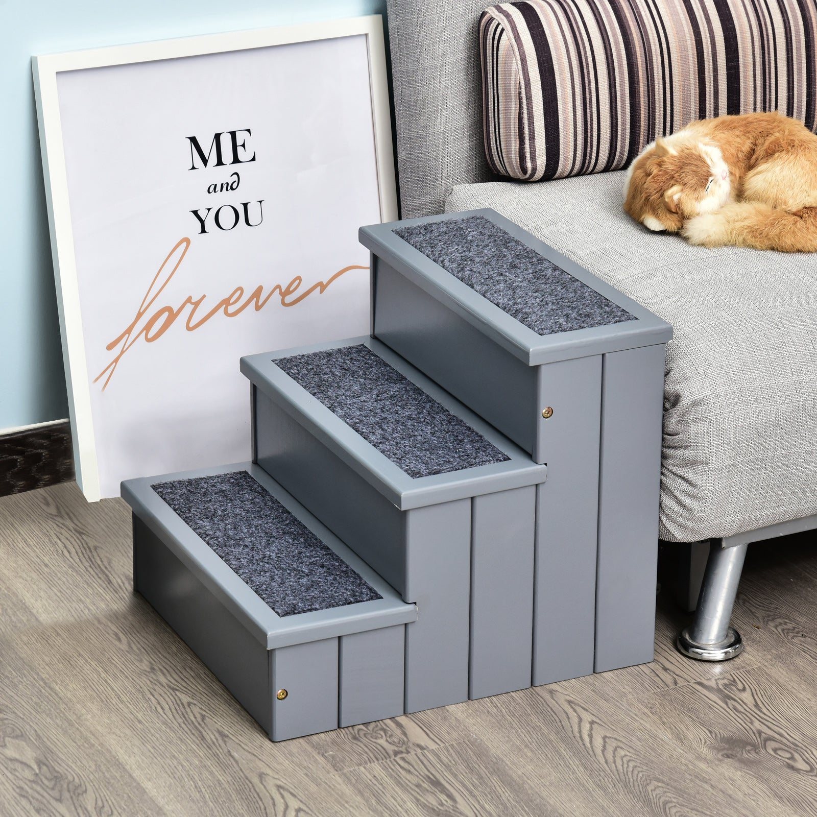 3-Step Dog Stairs with Non-Slip Mat and Storage Space, 40.5 x 44.5 x 38 cm, Grey