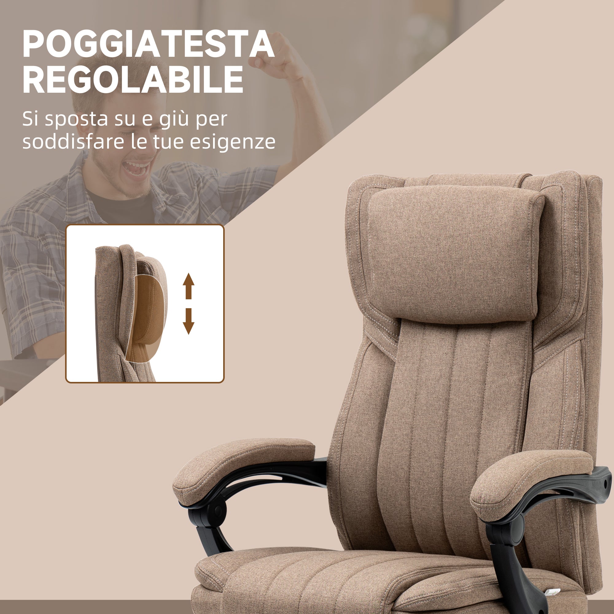 Massage Office Chair with Footrest and Remote Control, in Linen Effect Fabric, 65x61x105-113 cm, Brown