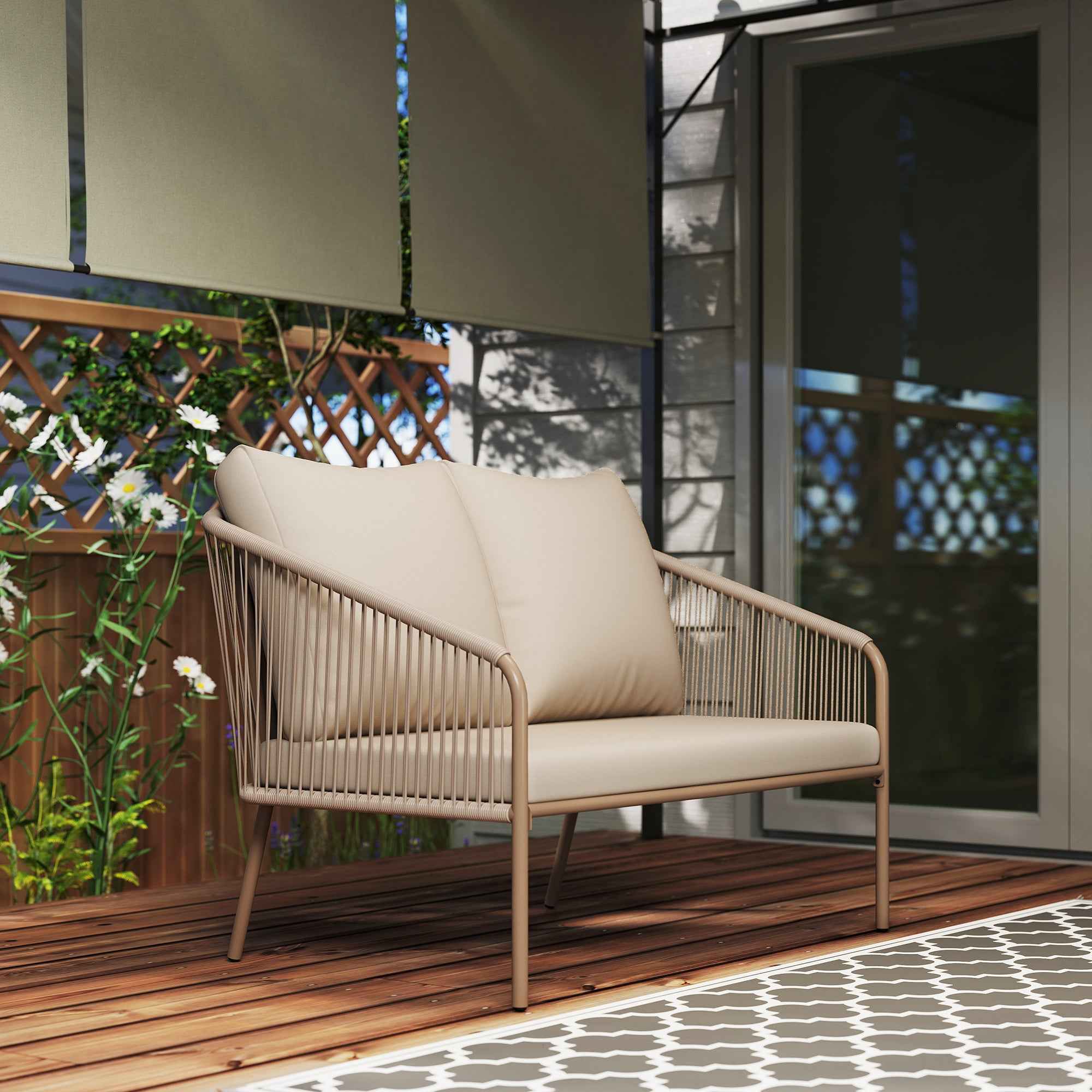 Outsunny 2-Seater Boho Style Garden Sofa in PE Rattan and Steel with Cushions, 112x72x76, Beige