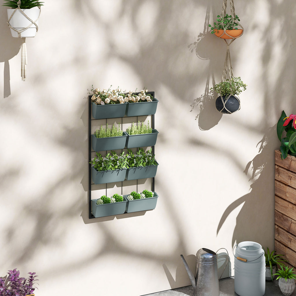 Outsunny 4-Tier Wall-Mounted Vertical Vegetable Garden with 8 Pots, Steel and Plastic, 52x14x90 cm, Dark Green and Black