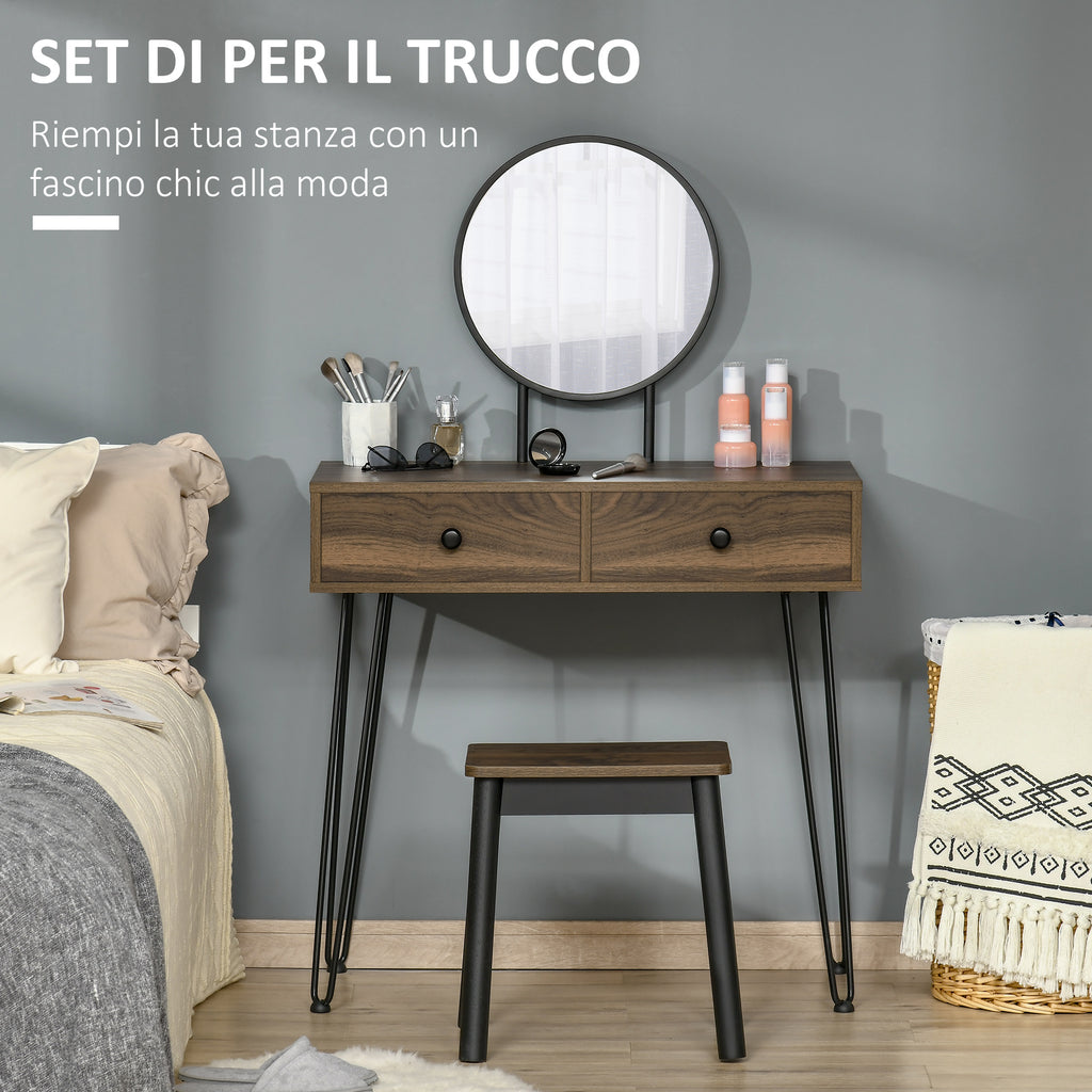 HOMCOM Wooden and Metal Makeup Table with Stool and Mirror, Walnut Color