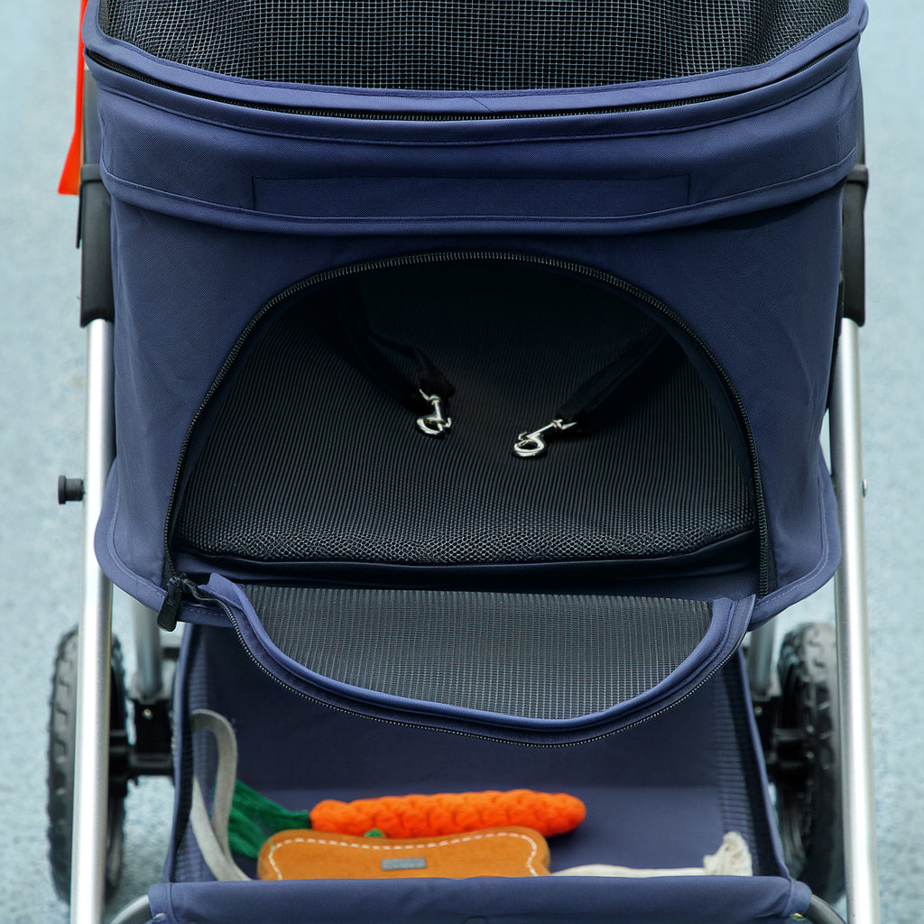 3 in 1 Foldable Dog Stroller with Carrying Bag and Bottom Basket, Blue