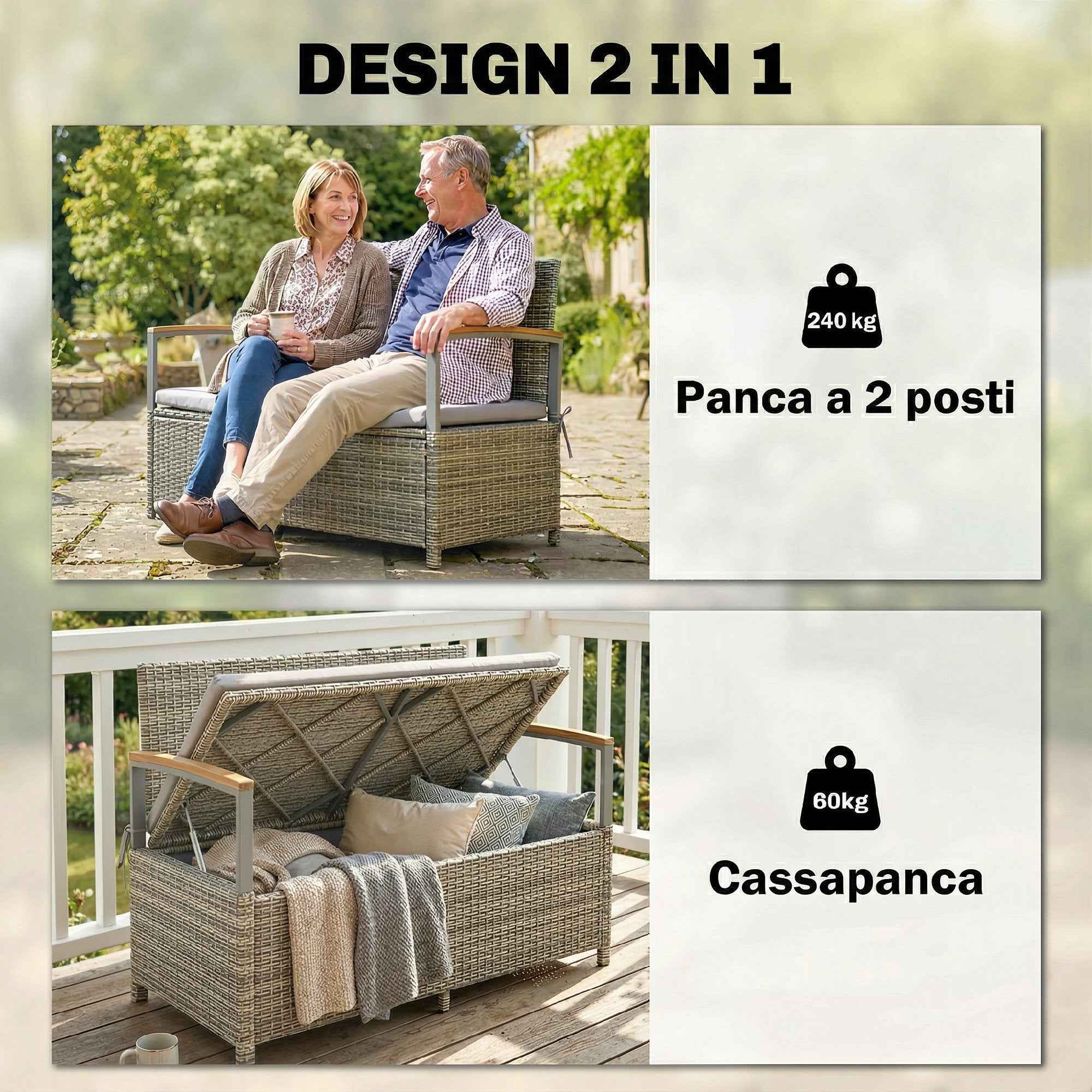 Outsunny 170L Garden Bench, 2 Seater Rattan with Cushion, Light Grey