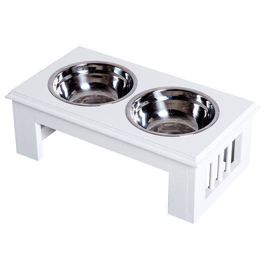 Pawhut Stainless Steel Raised Dog Bowl, MDF Wooden Base, with 2 Plates, 44x24x15cm - Borgè