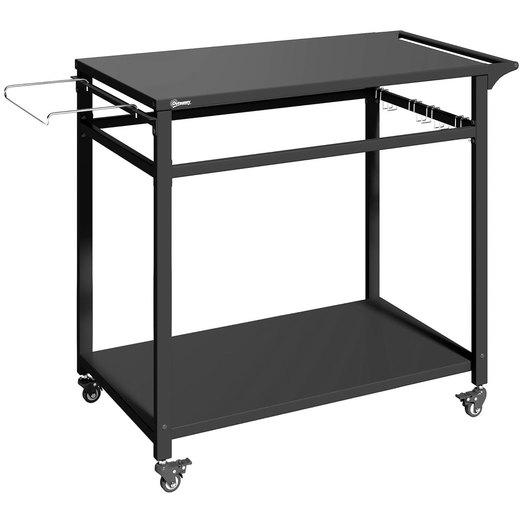 Outsunny Barbecue Cart, 2 Shelves, Pizza Stand, Bag Holder and Hooks, Black.