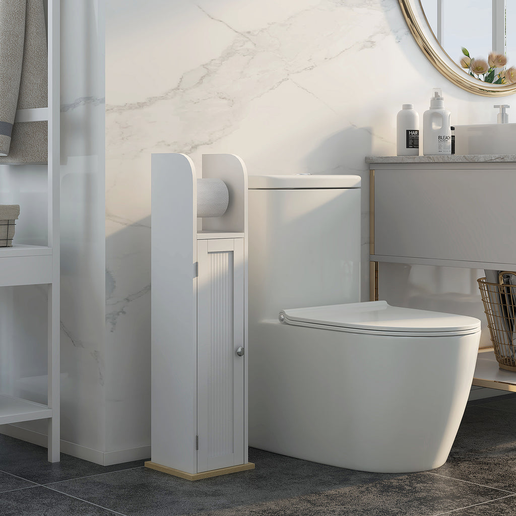 kleankin Narrow Bathroom Cabinet, Space-Saving Bathroom Cabinet with Toilet Paper Holder, Adjustable Shelves, for Laundry Room, Modern, 20x20x80 cm, White