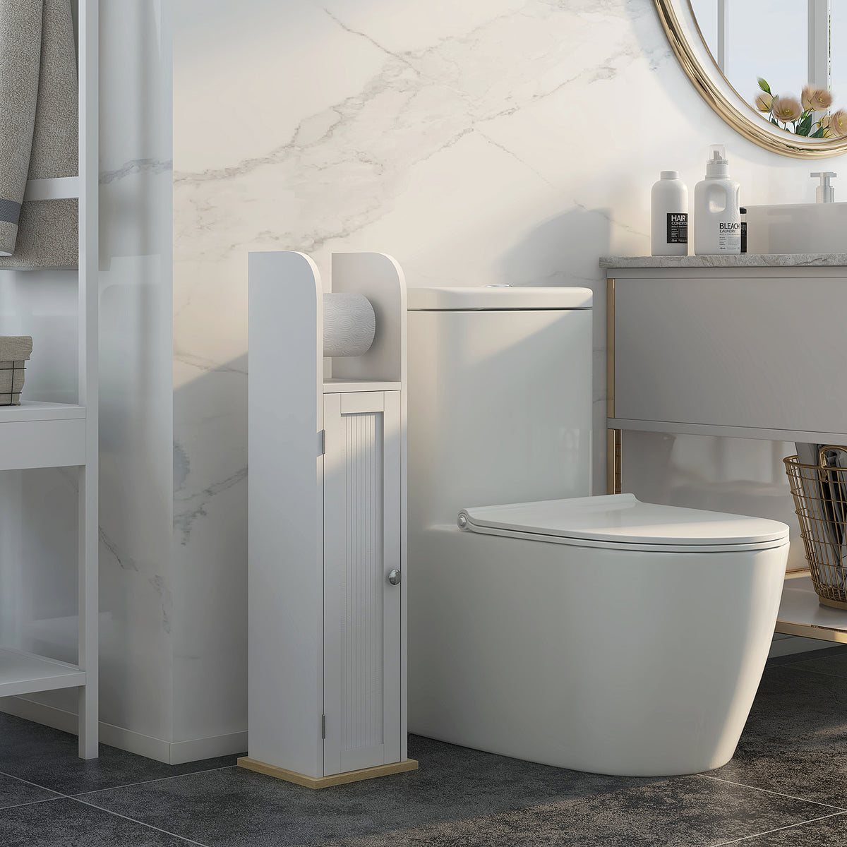 kleankin Narrow Bathroom Cabinet, Space-Saving Bathroom Cabinet with Toilet Paper Holder, Adjustable Shelves, for Laundry Room, Modern, 20x20x80 cm, White
