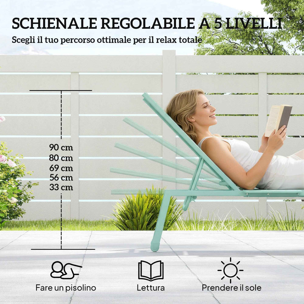 Outsunny Set of 2 Sun Loungers Adjustable in 5 Positions with Side Table and 2 Wheels, in Metal and Polyester, Green