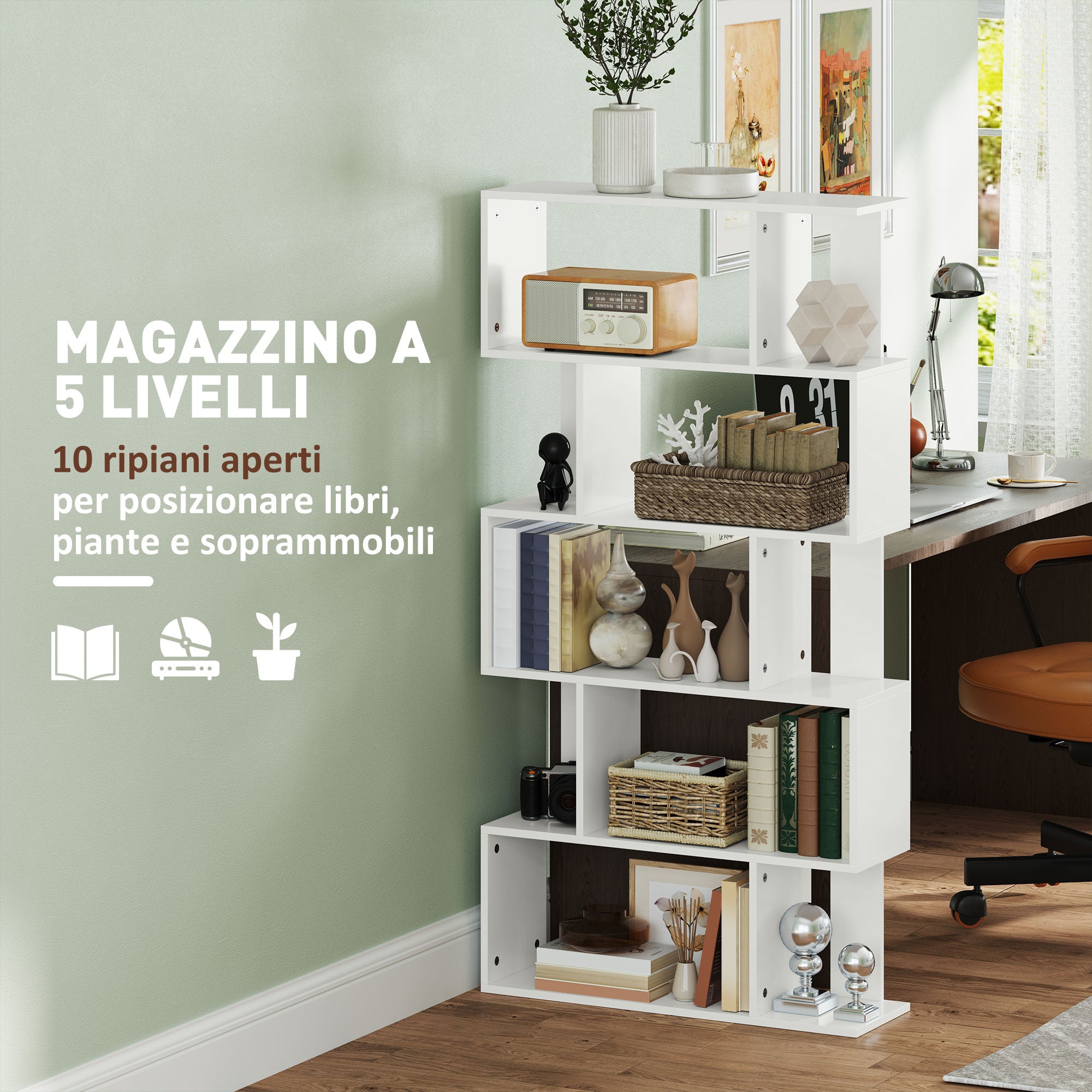 5-Tier S-Shaped Asymmetric Bookcase with 10 Open Shelves, Wooden, 80x24x159 cm, White