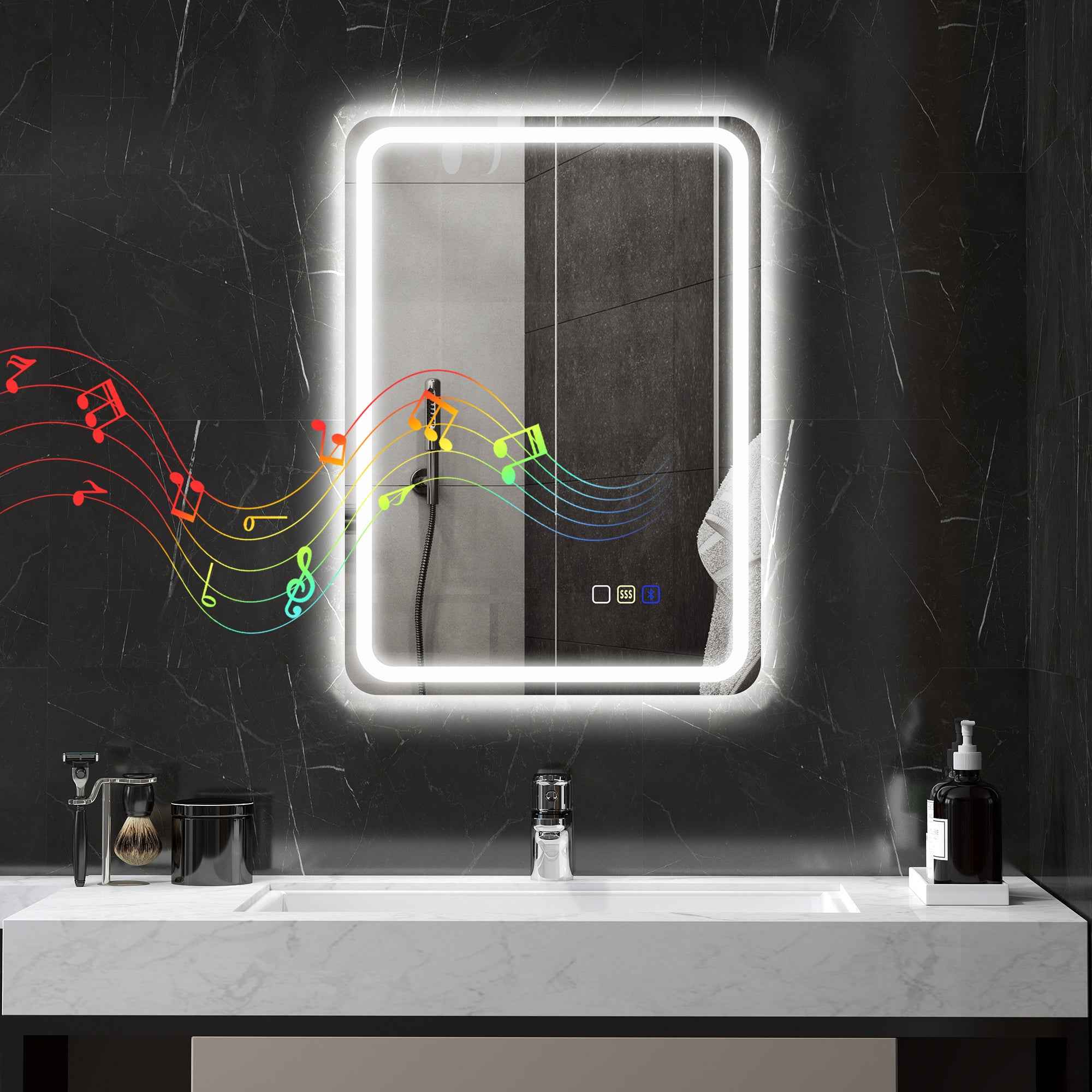 HOMCOM LED Bathroom Mirror with Bluetooth, Adjustable Lighting and Memory Function, Tempered Glass, 70x50x3.5 cm