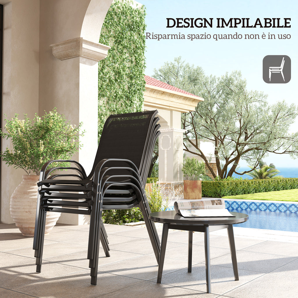 Set of 4 Stackable Garden Chairs in Steel and Breathable Mesh Fabric, 54x71x93 cm, Black