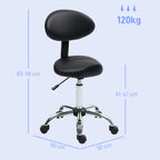 Beautician Stool with Wheels and Backrest, Adjustable Height and Swivel Seat in Faux Leather, Black