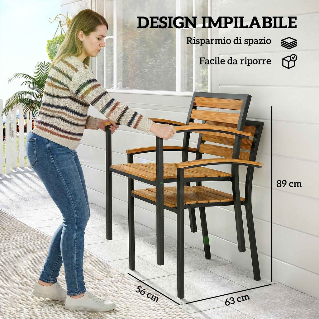 Outsunny Set of 2 Stackable Outdoor Chairs in Wood and Steel, Natural Wood Color