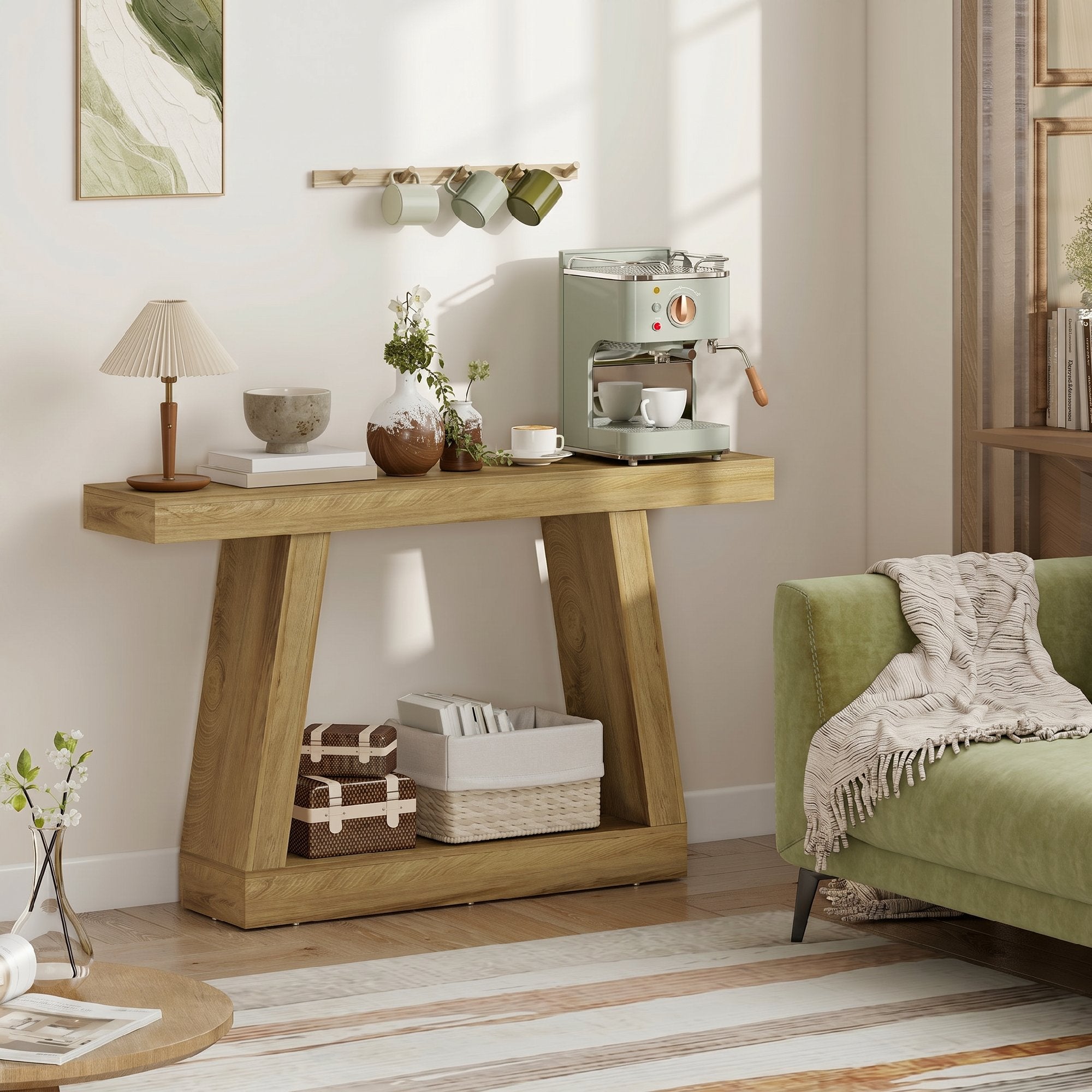 HOMCOM 140cm Console Table, Sofa Back with Storage, Oak.