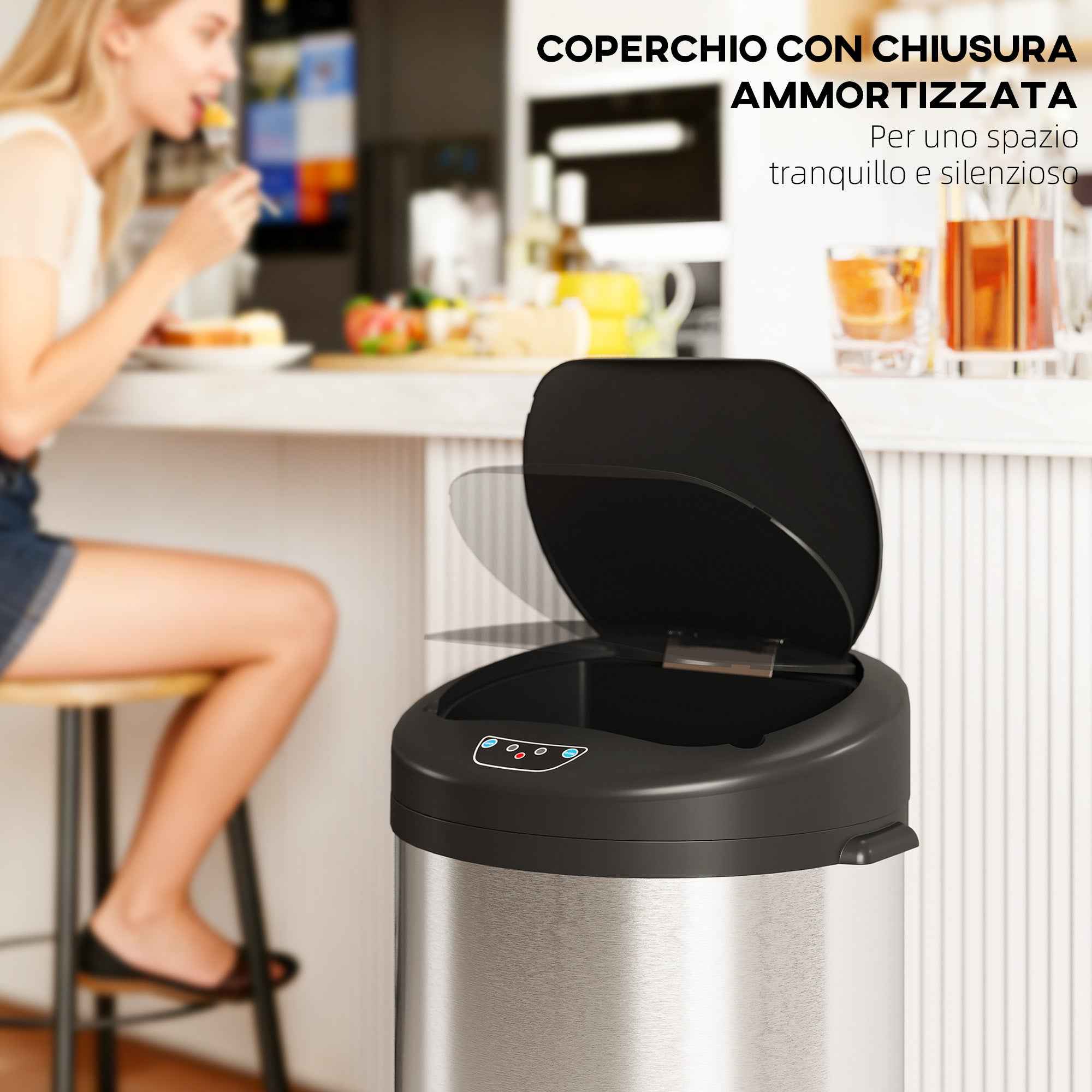 HOMCOM 55L Waste Bin with Sensor for Automatic Opening and Soft Closing, 32x30x72.5 cm, Silver